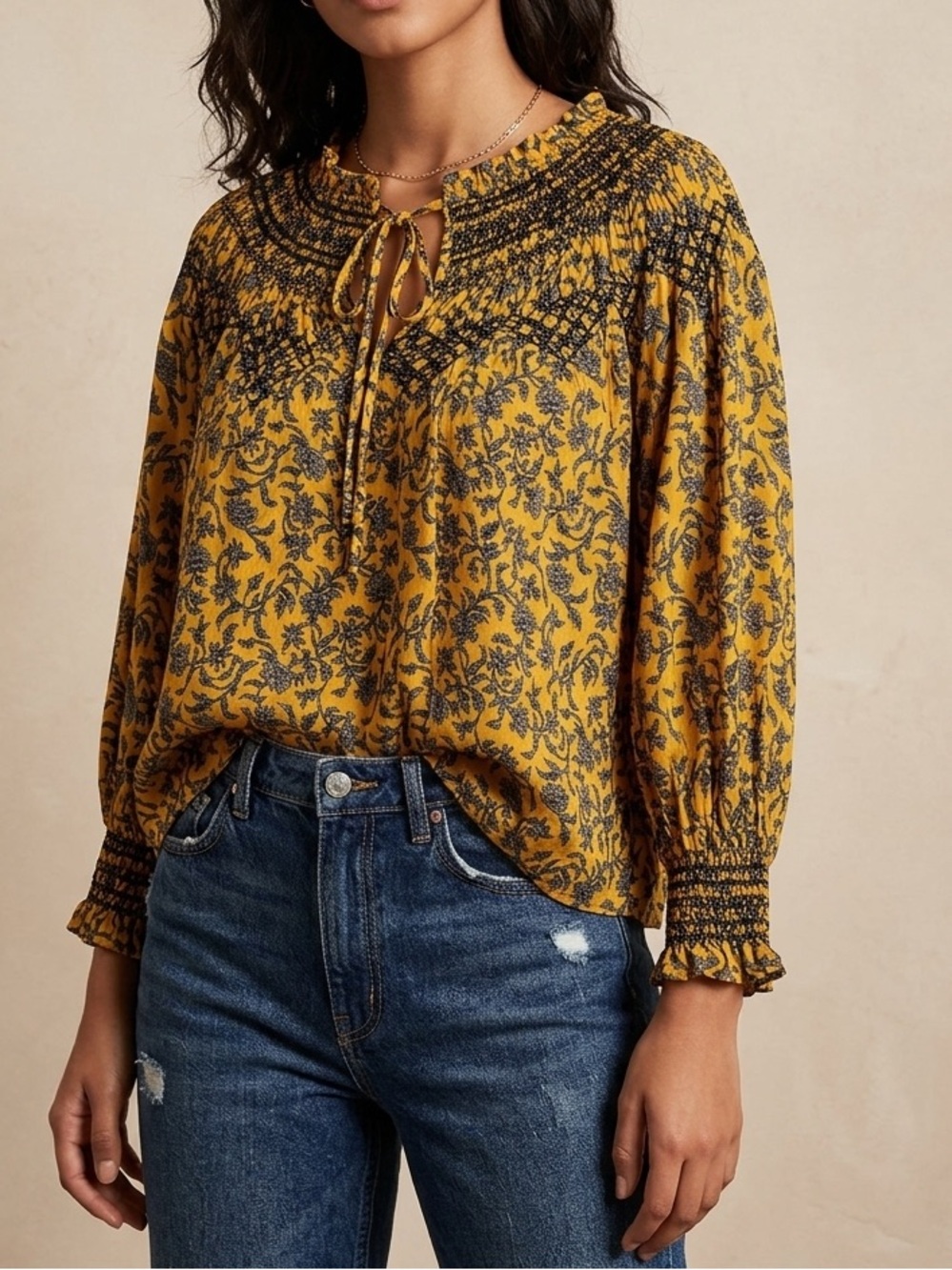ZARA Mustard Yellow Floral Smocked Embroidered Peasant Blouse Top🤩
